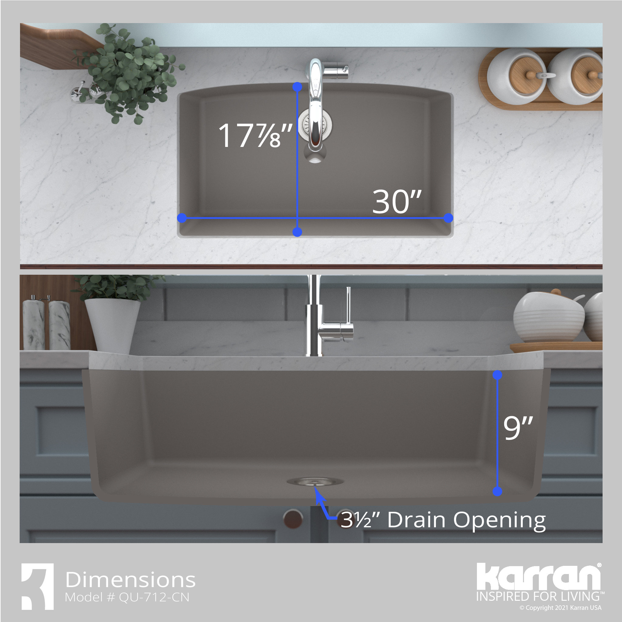 Karran Undermount Quartz 32" Single Bowl Kitchen Sink Kit, Concrete