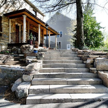 Front yard entry, steps, retaining walls and porch