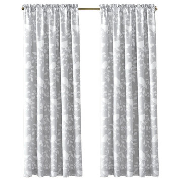 Printed Microfiber Birdsong Curtains, Set of 2, Grey