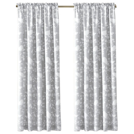 Printed Microfiber Birdsong Curtains, Set of 2, Grey