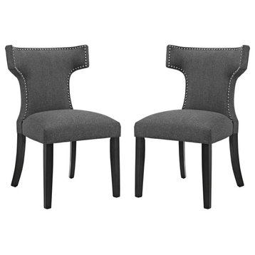 Set of 2 Dining Chair, Polyester Seat With Curved Back & Nailhead, Grey