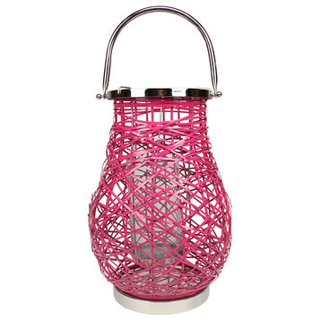 13.5" Modern Fuschia Pink Woven Iron Pillar Candle Lantern with Glass Hurricane