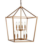 JONATHAN Y - Pagoda Lantern Metal LED Pendant, Antique Gold, Width: 20" - This classic lantern pendant light features a metal caged frame of negative space with exposed bulbs that illuminate from within the center. The shape of the fixture is inspired by iconic street oil lanterns. The pendant light suspends from a chain link that is adjustable to allow the fixture to hang only 34"down, or up to 106" from your ceiling, where it anchors with a round metal canopy.