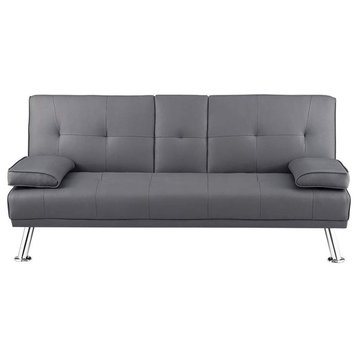 Modern Entertainment Futon Sofa Bed, Down Recliner Couch With Cup Holders, Grey