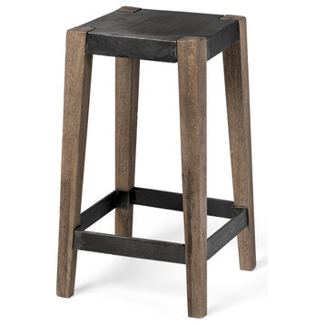Nell Black Metal Seat and Foot Rest with Brown Solid Wood Frame Counter Stool