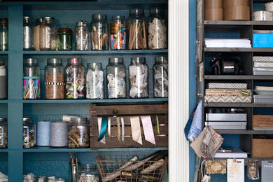Mid-sized eclectic freestanding desk home studio photo in San Francisco with blue walls