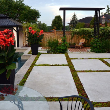 Modern Landscape with Fiberglass Pool, slab patio, water feature and more!
