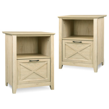 Set of 2 End Table, Upper Open Shelf & Lower Drawer With X-Accented Front, Oak