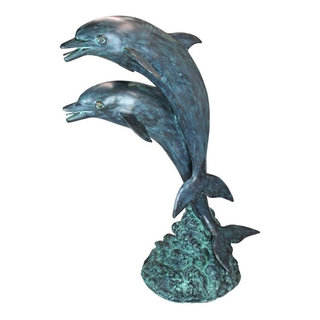 Twin Dolphins In Tandem Bronze Statue - Beach Style - Garden