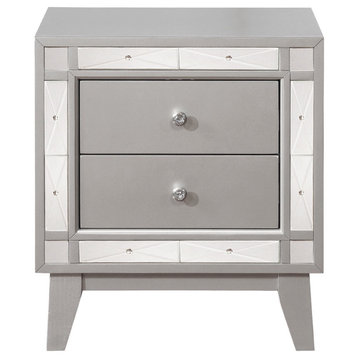 Contemporary Nightstand, Poplar Wood Frame With Mirrored Accents, Silver/Pewter