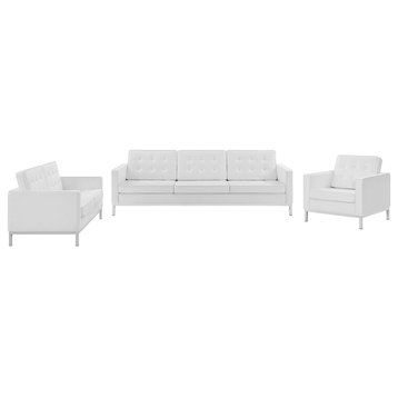 Tufted Armchair and Loveseat Sofa Set, Faux Leather, Silver White, Modern
