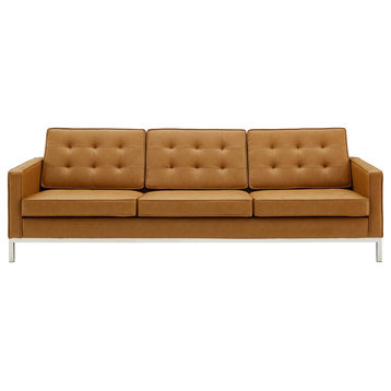Modern Designer Lounge Sofa, Faux Vinyl Leather Metal Steel, Tan Brown