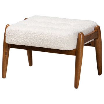 Modern Cream Boucle Fabric Walnut Brown Finished Wood Ottoman Footstool