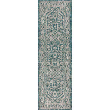 Sinjuri Medallion Textured Weave Indoor/Outdoor, Teal Blue/Gray, 2x8