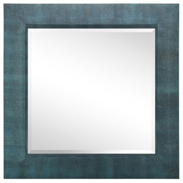 Beveled Wall Mirror,Black on Blue Metallic Shagreen Leather Framed Square Mirror