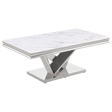 Thiago White Rectangular Stone Coffee Table, Silver
