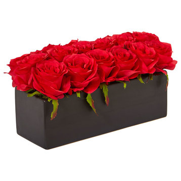 Dozen Silk Roses, Ceramic Rectangular Planter, Red