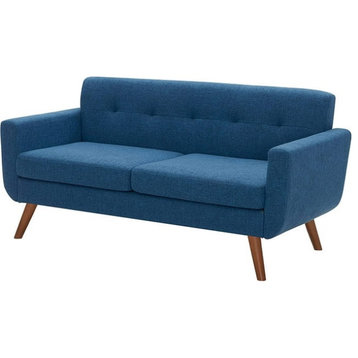 Midcentury Modern Loveseat, Sturdy Wooden Frame & Comfortable Fabric Seat, Blue