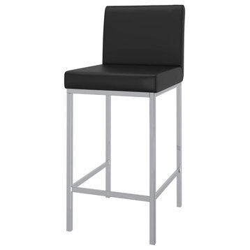 Set of 2 Counter Stool, Metal Frame With Faux Leather Seat, Black & Chrome