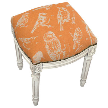 Bird Watch Linen Upholstered Vanity Stool With Nailheads, Orange