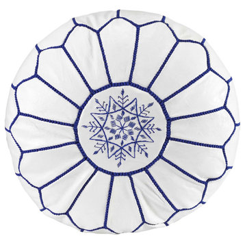 4 Colors Handmade Moroccan Ottoman, Genuine Leather White Poufs, White & Blue