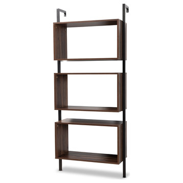 Modern Industrial Walnut Brown Finished Wood Black Metal 3-Tier Display Shelf