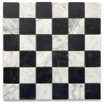 Carrara White Black Marble Checkerboard Chess Mosaic Tile Honed, 1 sheet