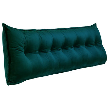 Button Tufted Bed Rest Body Positioning Pillow Headboard Cushion Velvet Cyan, 79x20x3 Inches