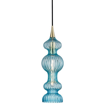 Pomfret 1600-AGB-BL 1 Light Pendant With Blue Glass, Aged Brass