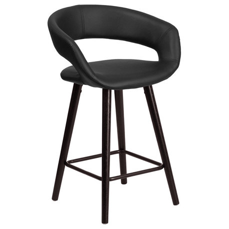 Brynn Series Vinyl Stool With Cappuccino Wood Frame, Black, Counter Height