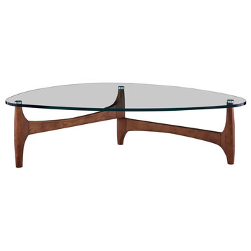 Ledell 51" Coffee Table, Clear Glass With Walnut Base