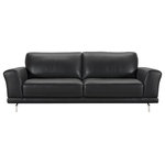 Armen Living - Everly Contemporary Genuine Leather Sofa, Black - The Armen Living Everly contemporary genuine leather sofa is a perfect choice for any modern household. Coupling premium genuine cowhide leather with the comfort of plush Dacron padding, the Everly delivers a sophisticated style accompanied by an exceptional degree of comfort. The Everly's sleek upholstery is maintained by the plush Dacron padding, assuring that the leather will not crack or wrinkle after prolonged use. Though almost traditional in appearance, the Everly's unique design combines the classical comfort of leather with contemporary elements such as its brushed stainless steel legs to bring you a sophisticated, yet modern piece. The Everly sofa is ideal when paired with the Everly chair and loveseat. Available in your choice of rich black or dove Gray leather.