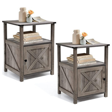 Wooden End Table for Living Room, Office, Bedroom, Washed Grey Set of 2