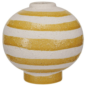 Large Striped Stoneware Vase With Sphere Shape and Footed Base, Yellow and White