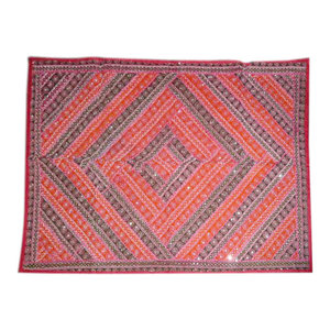Mogul Interior - Red Blue Moti Beaded Embroidered Tapestry Vintage Sari Wall Hanging - Tapestries