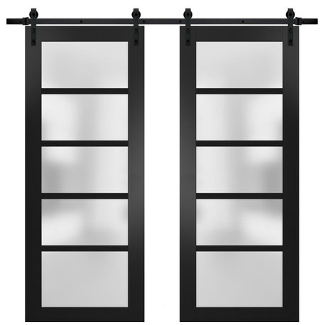 Double Barn Door 36 x 80 Frosted Glass, Quadro 4002 Matte Black, 13FT