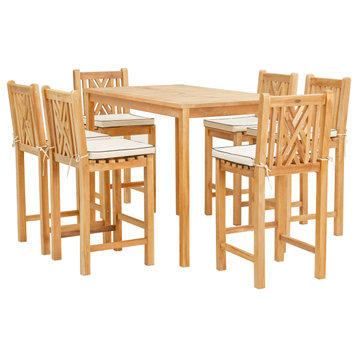 7 Piece Teak Wood Chippendale 55" Rectangular Bistro Bar Set, 6 Bar Chairs