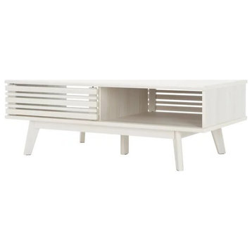 Mid Century Coffee Table, Slatted Sliding Door and Open Shelf, White
