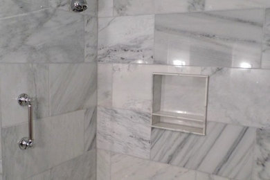 Bathroom - mid-sized contemporary master white tile and marble tile marble floor and white floor bathroom idea in Chicago with raised-panel cabinets, white cabinets, a two-piece toilet, gray walls and an undermount sink