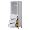 Daria White Linen Tower, Brushed Gold Trim, Shelved Cabinet Storage, 3 Drawers