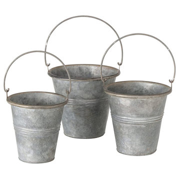 Grey Zinc Pail Planters, Set of 3