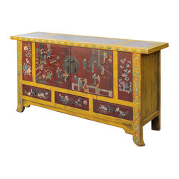 Chinese Distressed Yellow Rattan Scenery Graphic Console Table Cabinet - Buffets And Sideboards