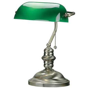 Banker'S Lamp, Antique Brass, Green Glass Shd, E27 Cfl 13W