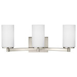 Sea Gull Lighting - Sea Gull Lighting 4439103-962 Three Light Wall / Bath, in Brushed Nickel - The Sea Gull Lighting Hettinger three light vanity fixture in brushed nickel offers shadow-free lighting in your powder room, spa, or master bath room. The Hettinger lighting collection by Sea Gull Lighting combines a traditional look with chic, modern charm. The minimalism of the tubular glass shades balances with the unique, outward-curve of the semi-circular arm detail. It�??s available in three finishes, Burnt Sienna, Brushed Nickel and Chrome. The assortment includes six- and nine-light chandeliers; a one-light wall sconce; two-, three- and four-light bath vanity fixtures; a three-light pendant and two- light semi-flush convertible pendant. All fixtures are ENERGY STAR??-qualified and California Title 24 compliant.