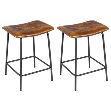 Set of 2 Saddle Tufted Counter Stools, 24 Inch, Yellowish Brown-Faux Leather