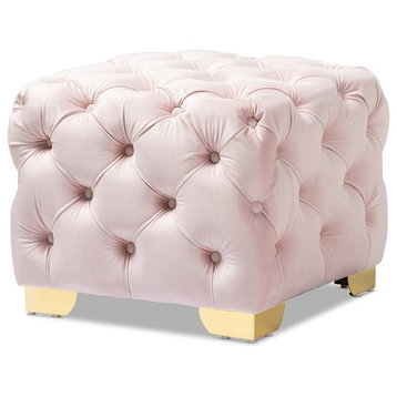 Glam & Luxe Light Pink Velvet Fabric Upholstered Button Tufted Ottoman