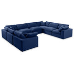 Meridian Furniture - Comfy Upholstered U-Shaped Modular Sectional, Navy, 8-Piece: 4 Armless Chair, 4 Corner Chair, Velvet - Give your space a whole new look with this navy Comfy velvet sectional. This handsome sectional fits nicely with other items in the Comfy collection and is a versatile seating option designed for adaptability, comfort and style. Wrapped in rich navy durable velvet upholstery, this sectional offers a plush embrace of overstuffed down feather cushions, carefully crafted to deliver the highest level of comfort. The perfect seat for creating an oasis for relaxation, this sectional has thick foam surrounding its frame for added support and coziness.