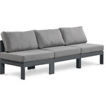 Meridian Furniture - Nizuc Water Resistant Patio Modular Straight Sofa, Gray, 3-Piece: 3 Armless Chair, Dark Gray Aluminum Frame - Pick and choose your favorites from the Nizuc collection to create a modular seating group the whole gang will enjoy. The sturdy aluminum frame provides dependable support for friends and family as they relax and unwind, and the resilient grey water resistant fabric stands up to the elements without losing its beautiful demeanor, so you can count on it lasting for the long haul. Latches beneath these seating pieces help you easily attach them to one another for convenient setup.