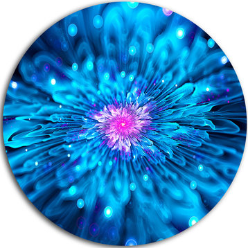 Magical Blue Glowing Flower, Floral Digital Art Disc Metal Artwork, 23"