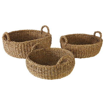 Set of 3 Woven  Sea Grass Shallow Storage Baskets Round 20 18 16 in Natural Spa